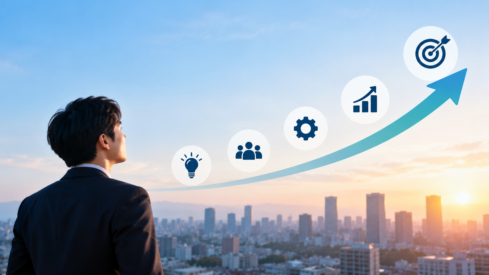 A business professional watches a rising curve connecting ideas, people, processes, analytics and a goal. The illustration contains no text or survey figures.