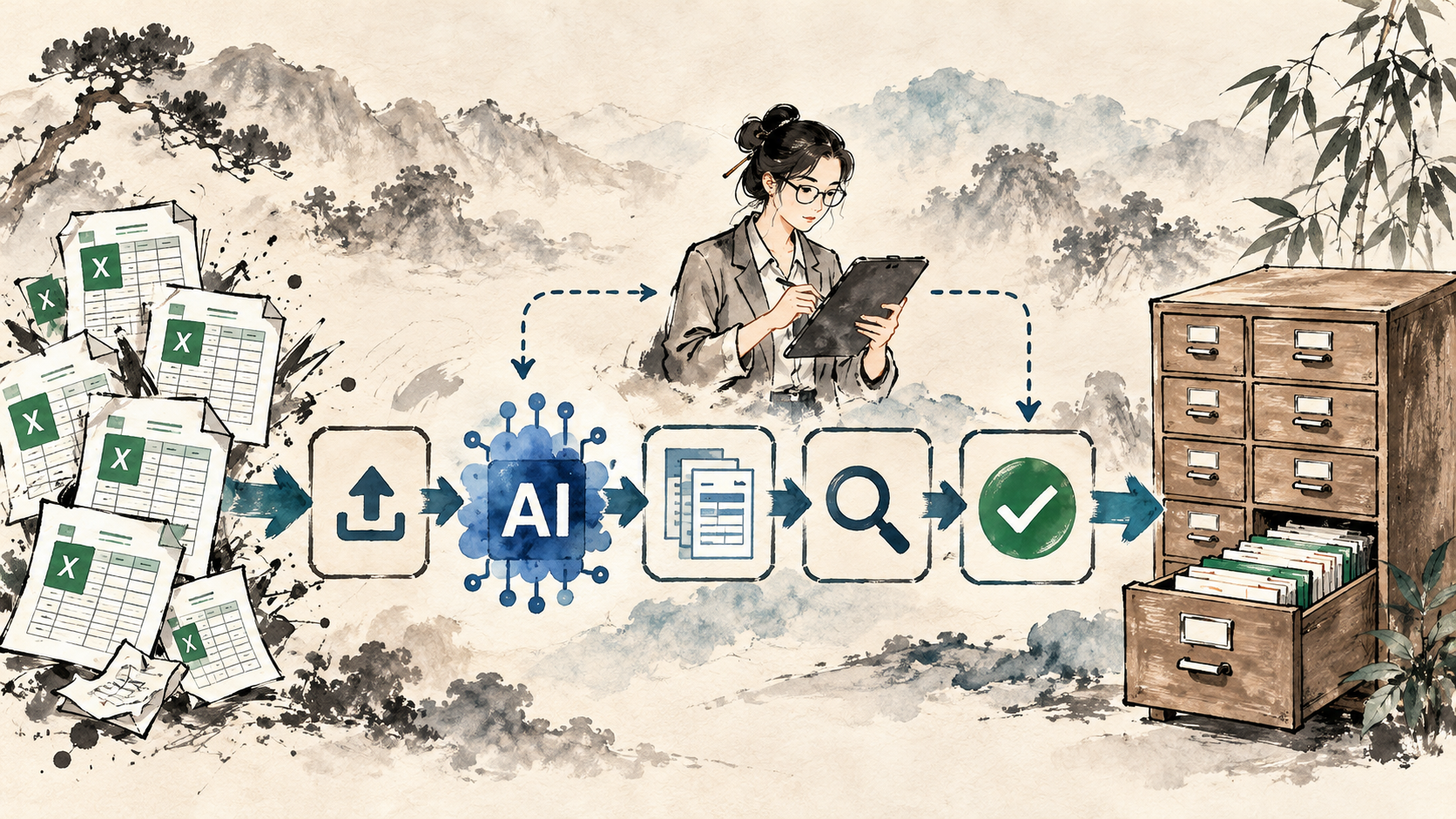 Editorial depiction of spreadsheets moving through a supervised validation workflow into neatly organized data storage.