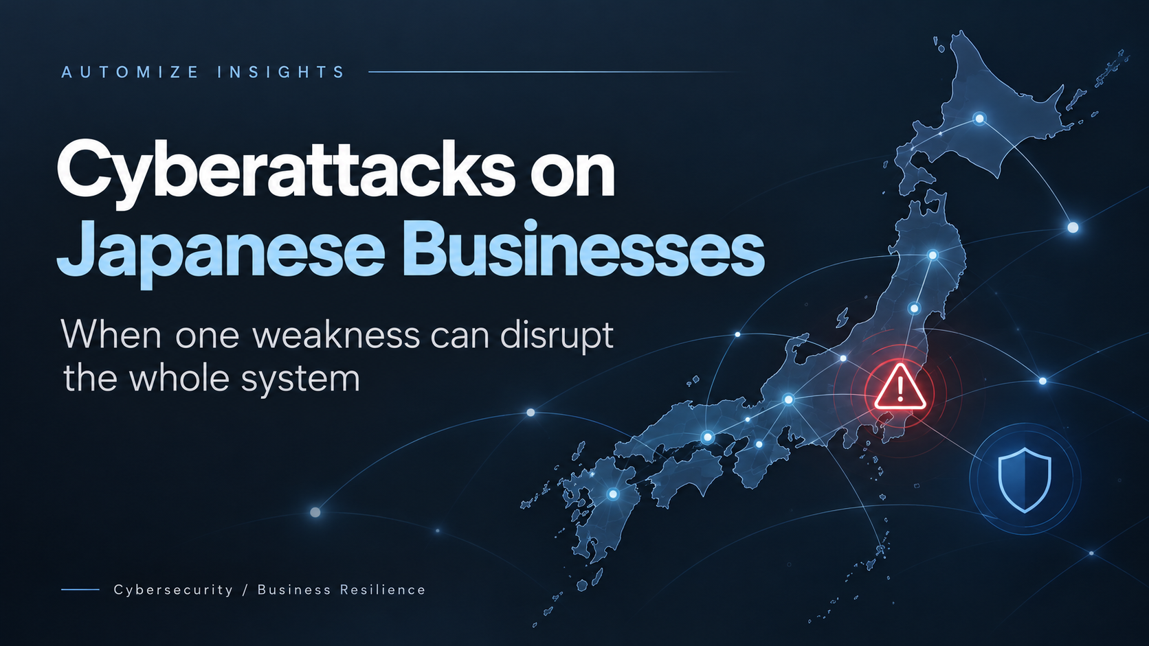Concept illustration of Japan connected to retail, offices, and cloud infrastructure with one highlighted cybersecurity risk.