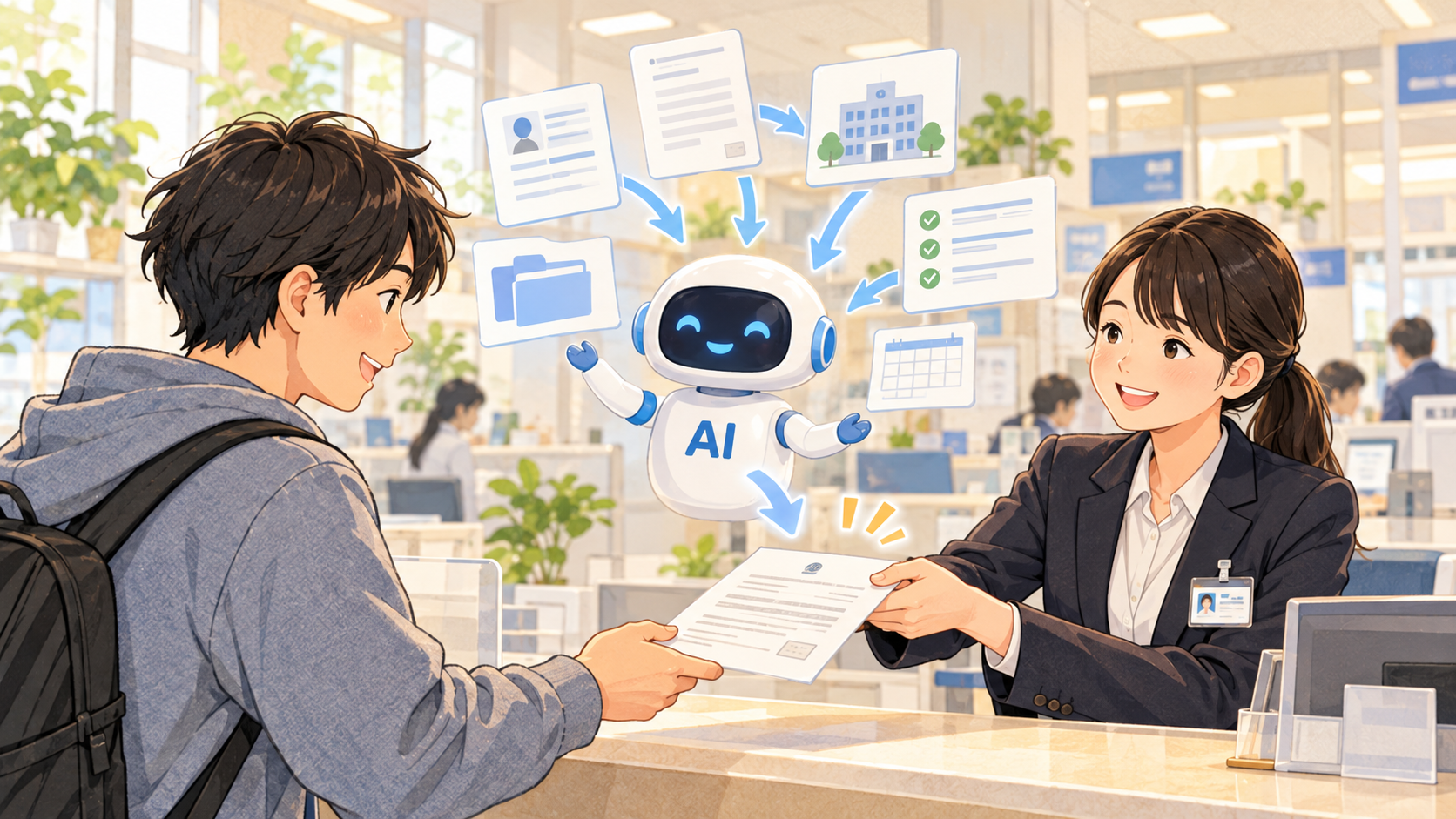 Editorial illustration of a Japanese public official reviewing information organized by an AI assistant before responding to a citizen.