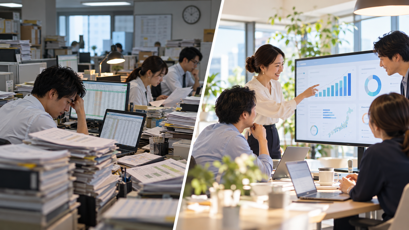 Conceptual comparison between manual spreadsheet work and an employee-friendly analytics environment.