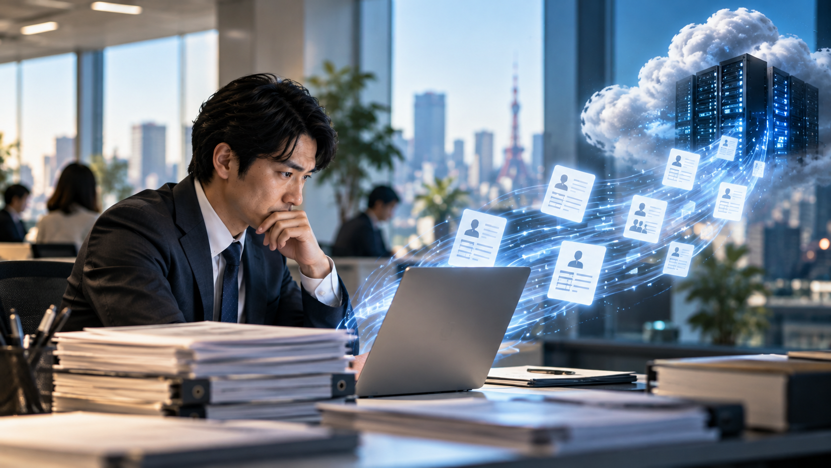 Conceptual illustration of employee information moving from an office laptop to an external system.