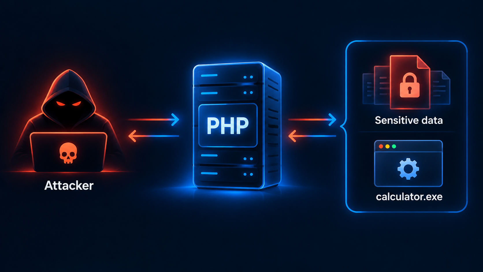 Editorial illustration of a cybersecurity risk involving a PHP-powered website.